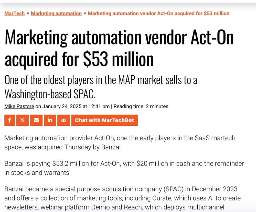 The Tough Side of Being Venture Backed:  ActOn Sells for $53m After 17 Years …  And Raising ~$53m+ - SaaStr